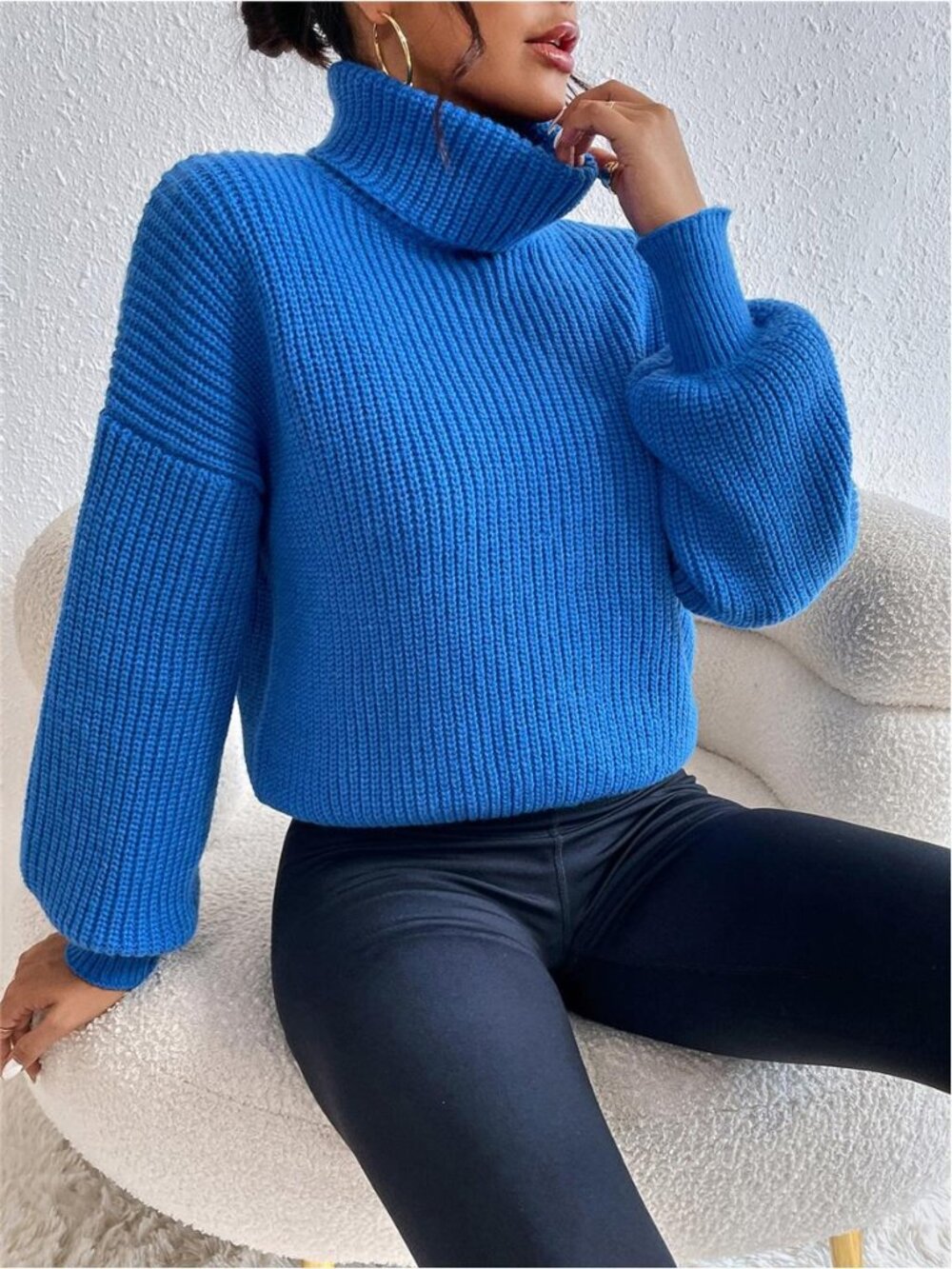 Ribbed Knit Turtleneck Dropped Shoulder Sweater, Long Sleeve Top - Picture 2 of 8